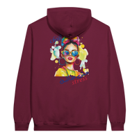 Vibrant 'Chill, No Stress' Pop Art Arabic Hoodie in Maroon, Arabic graphic design by Cairo NYC