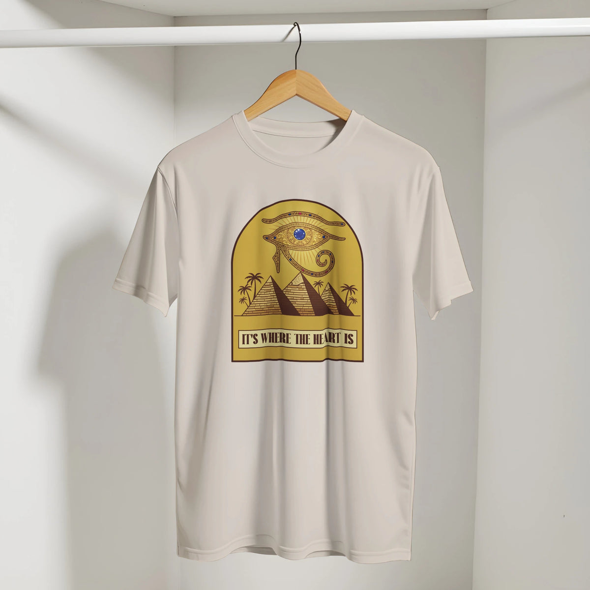 Eye of Horus Egypt Pyramids Sunset Arabic Tee in Sand, Arabic graphic design by Cairo NYC