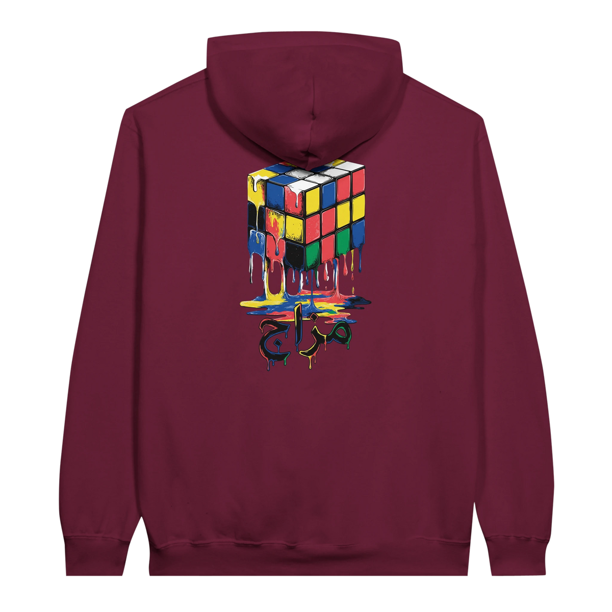 Melting Rubik's Cube Art Hoodie in Maroon, Arabic graphic design by Cairo NYC