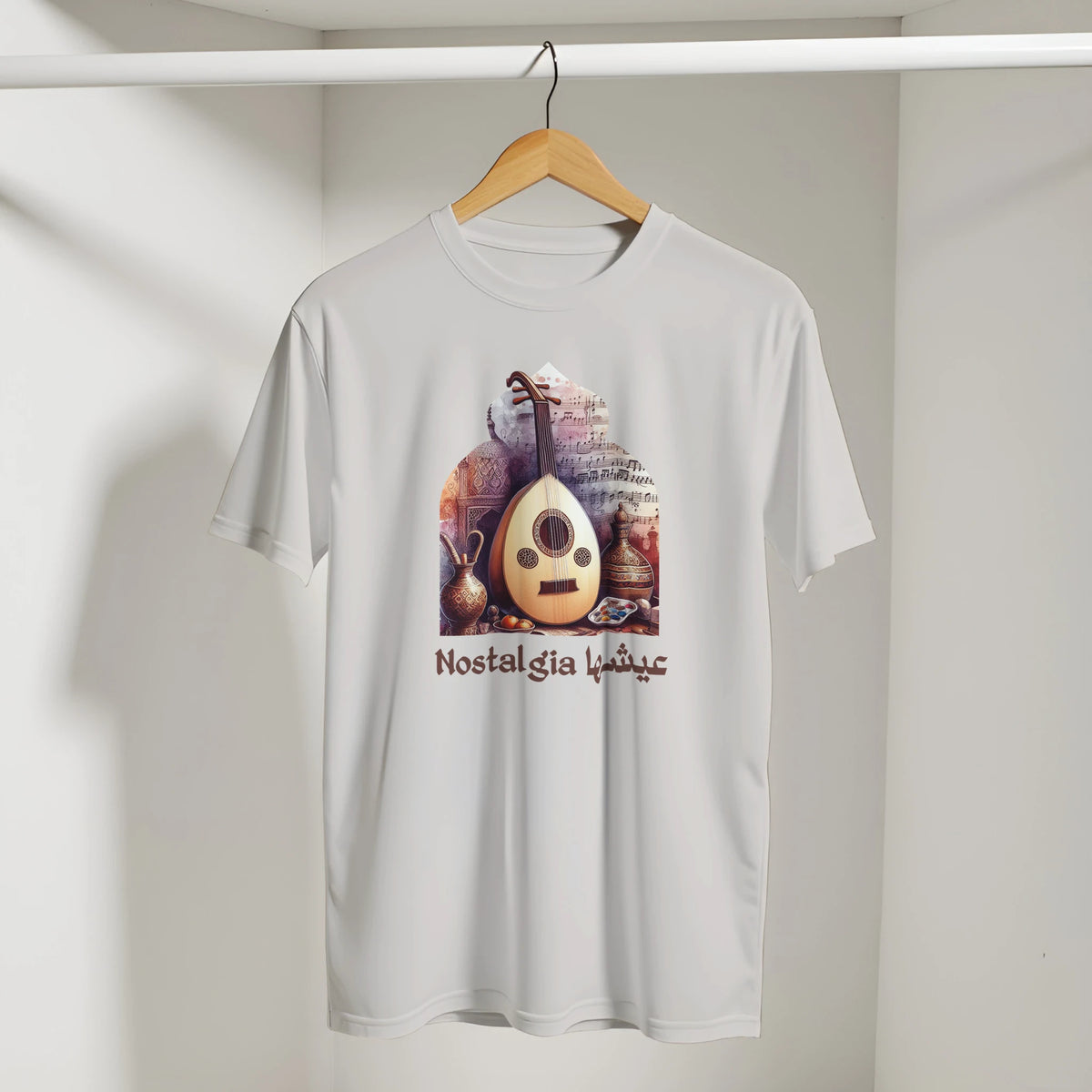 Arabic Oud Nostalgia Retro Tee in Ice Grey, Arabic graphic design by Cairo NYC