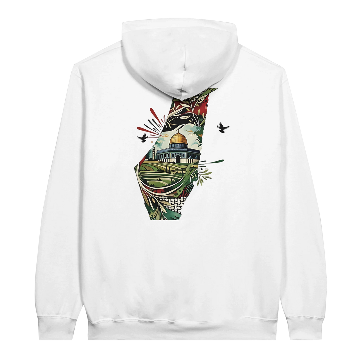 Vibrant Palestine Heritage Hoodie in White, Arabic graphic design by Cairo NYC
