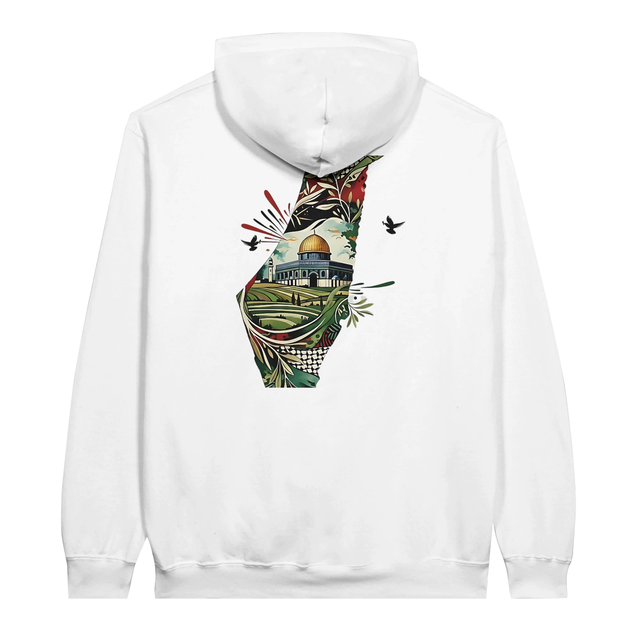 Vibrant Palestine Heritage Hoodie in White, Arabic graphic design by Cairo NYC