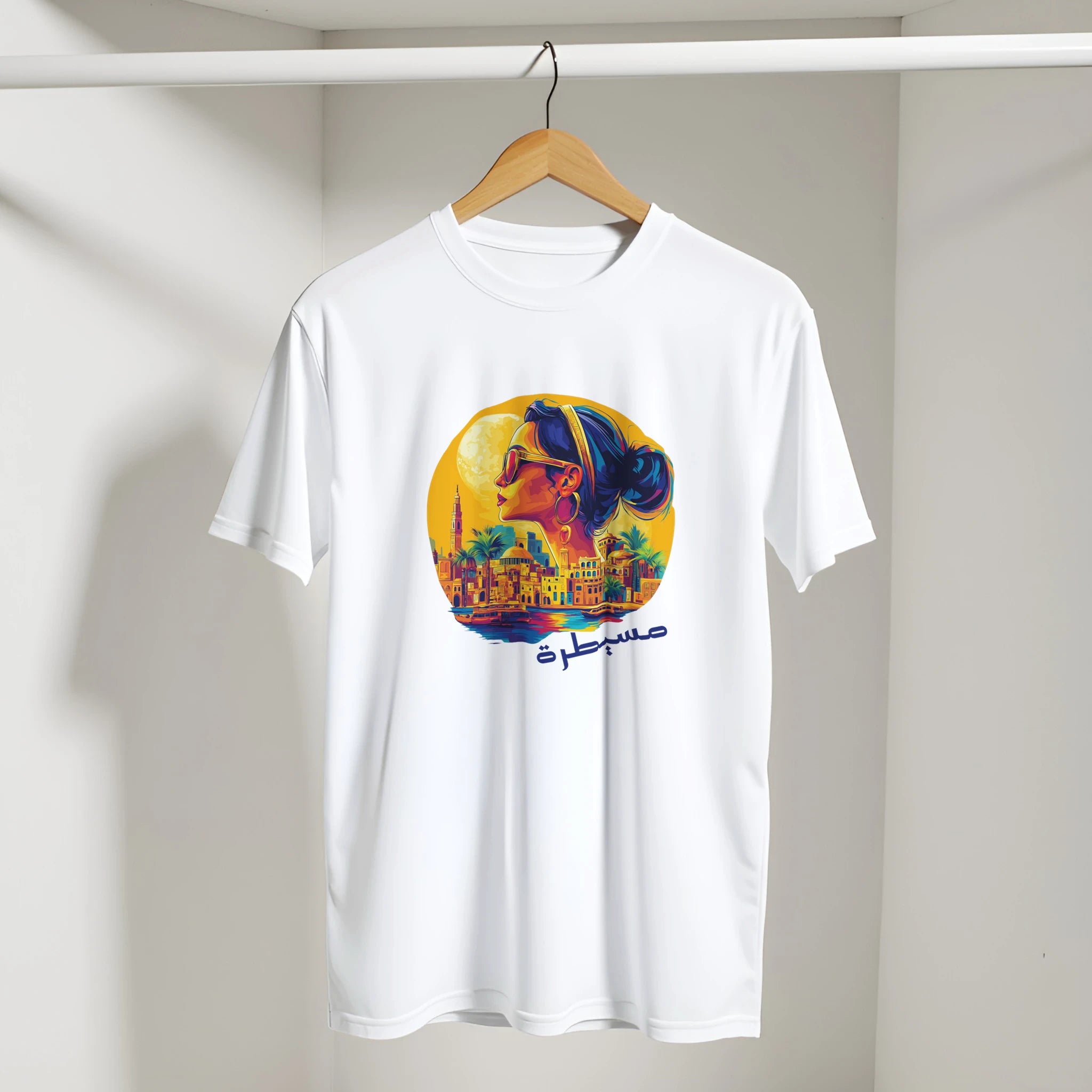 Egyptian Sunset Diva Cityscape Tee in White, Arabic graphic design by Cairo NYC