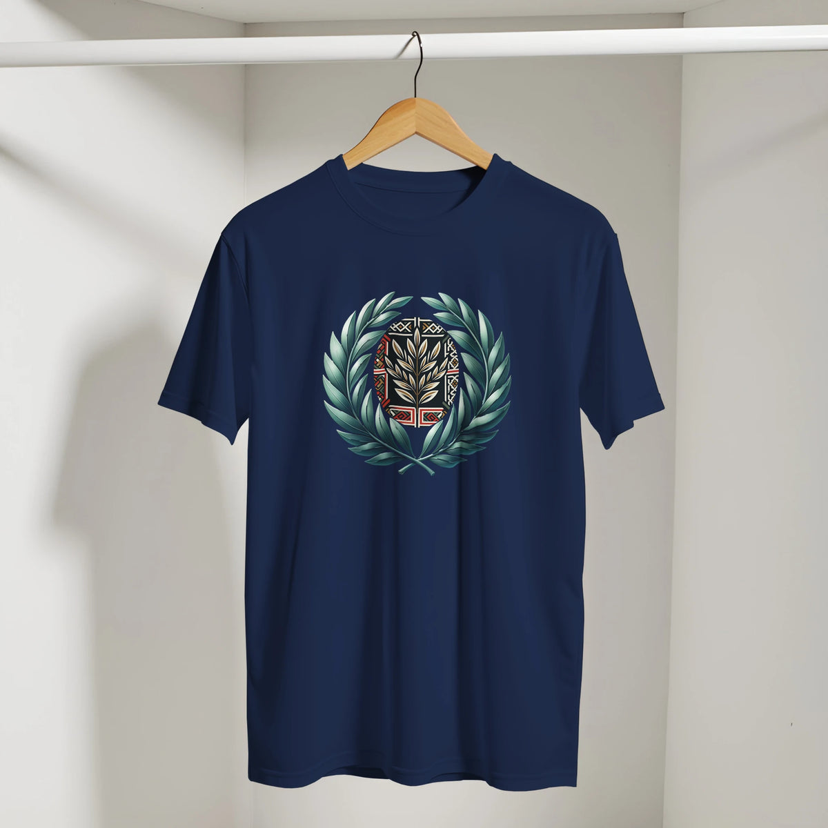 Sunset Geometric Olive Branch Arabic Tee in Navy, Arabic graphic design by Cairo NYC