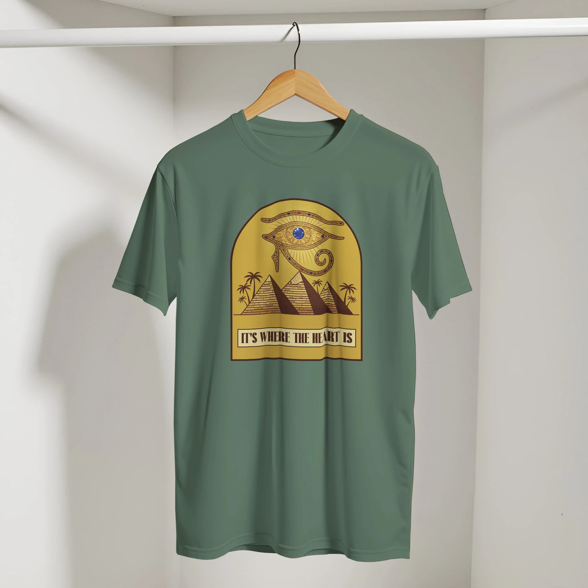 Eye of Horus Egypt Pyramids Sunset Arabic Tee in Military Green, Arabic graphic design by Cairo NYC