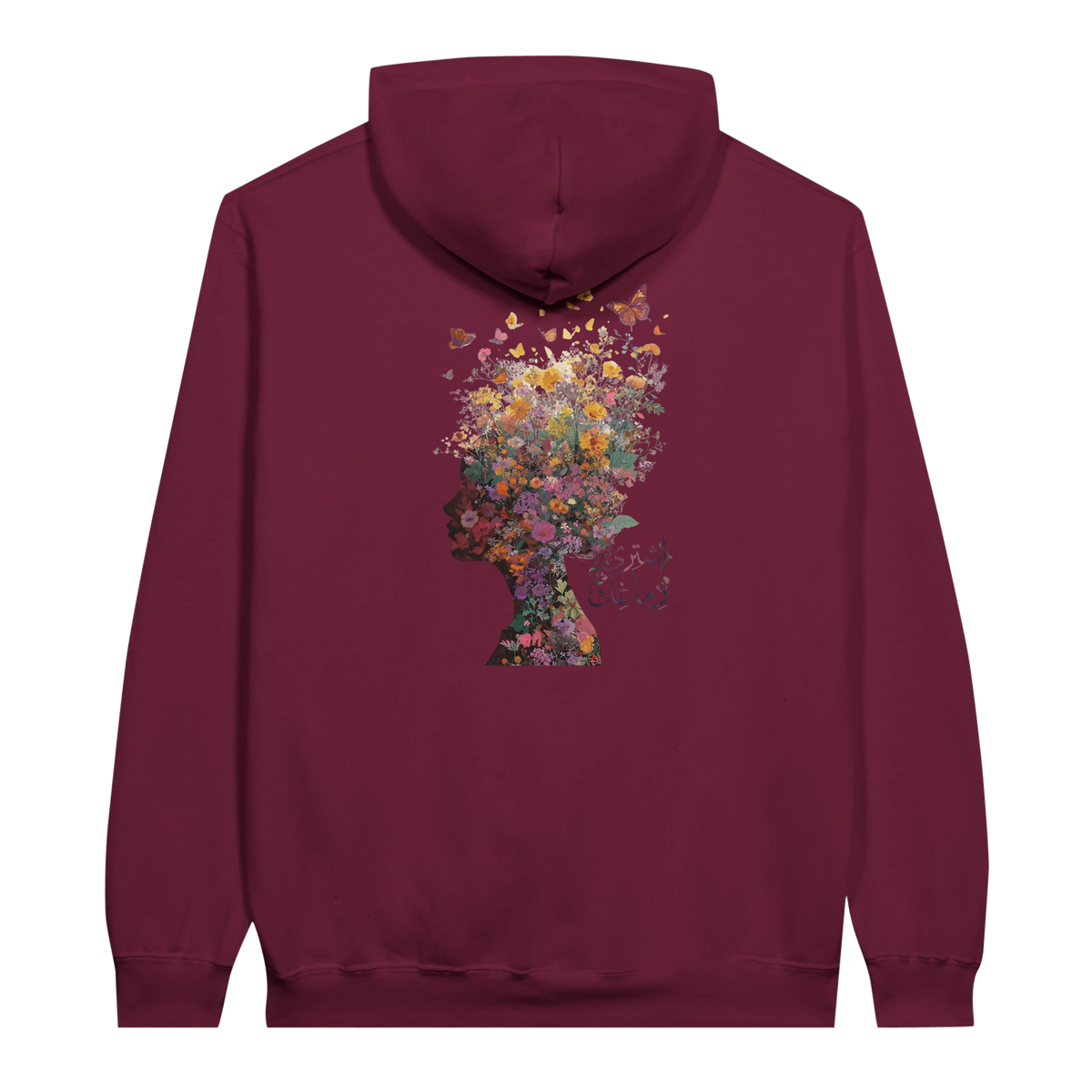 Floral Fantasy Head Profile Hoodie in Maroon, Arabic graphic design by Cairo NYC