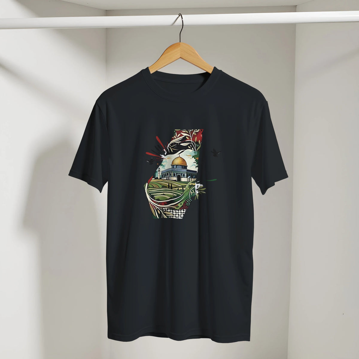 Palestine Dome Olive Branches Keffiyeh Tee, Arabic graphic design by Cairo NYC (view 10)