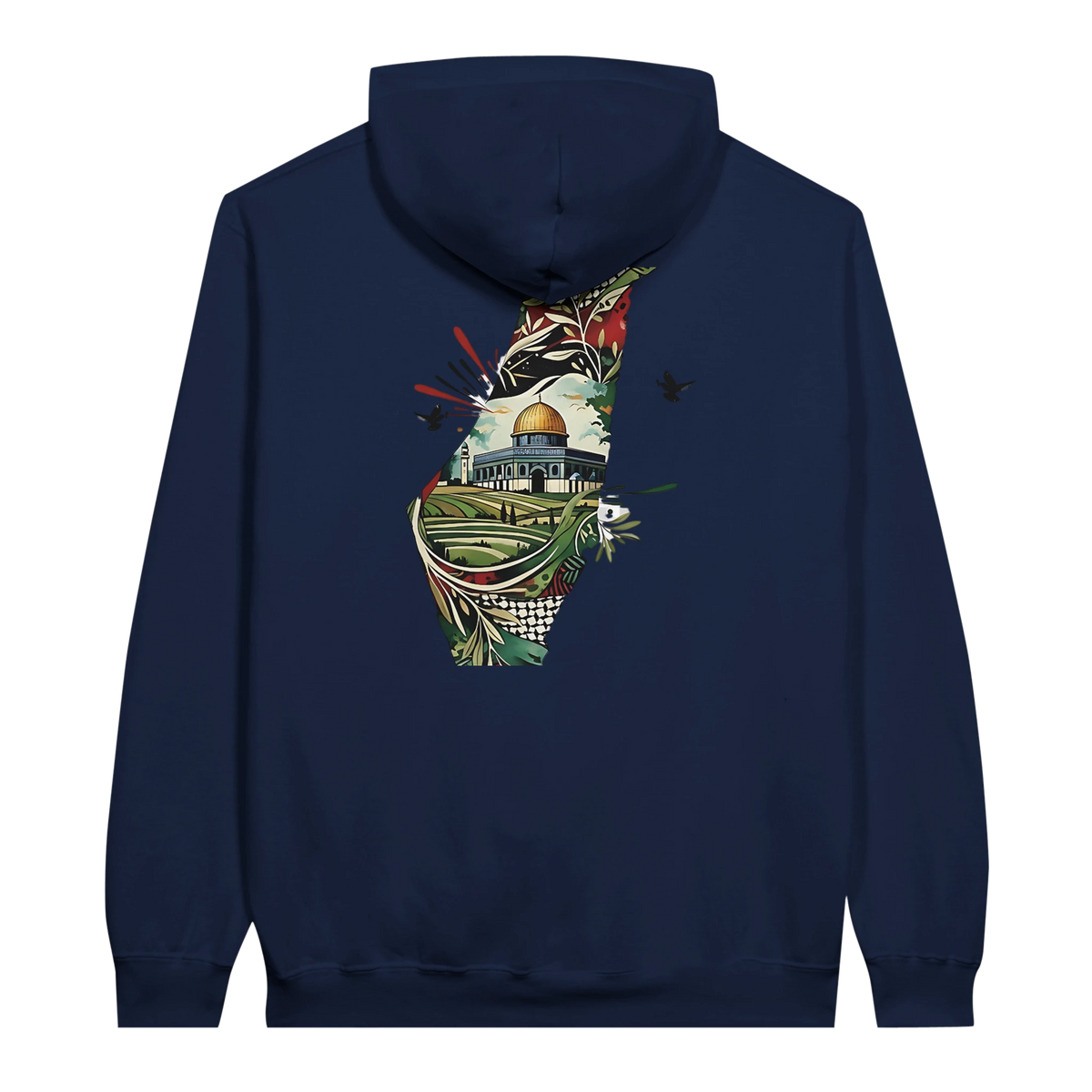 Vibrant Palestine Heritage Hoodie in Navy, Arabic graphic design by Cairo NYC