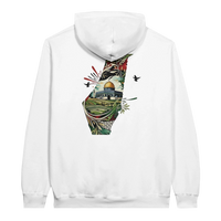 Vibrant Palestine Heritage Hoodie in White, Arabic graphic design by Cairo NYC