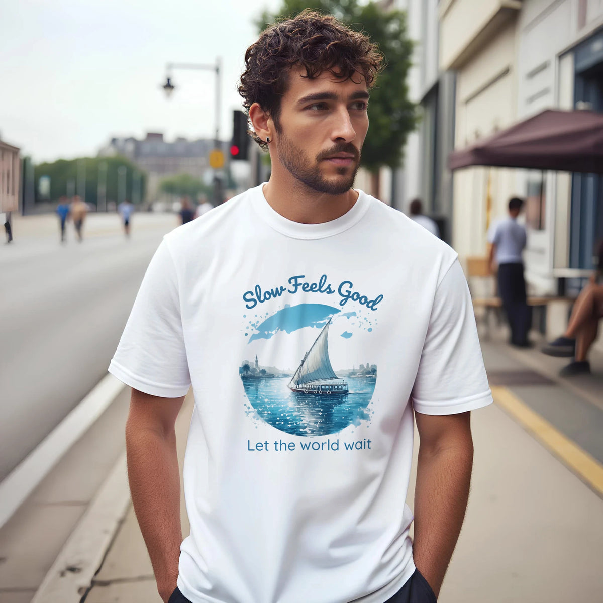 Slow Feels Good Mindfulness Tee, Arabic graphic design by Cairo NYC (view 10)