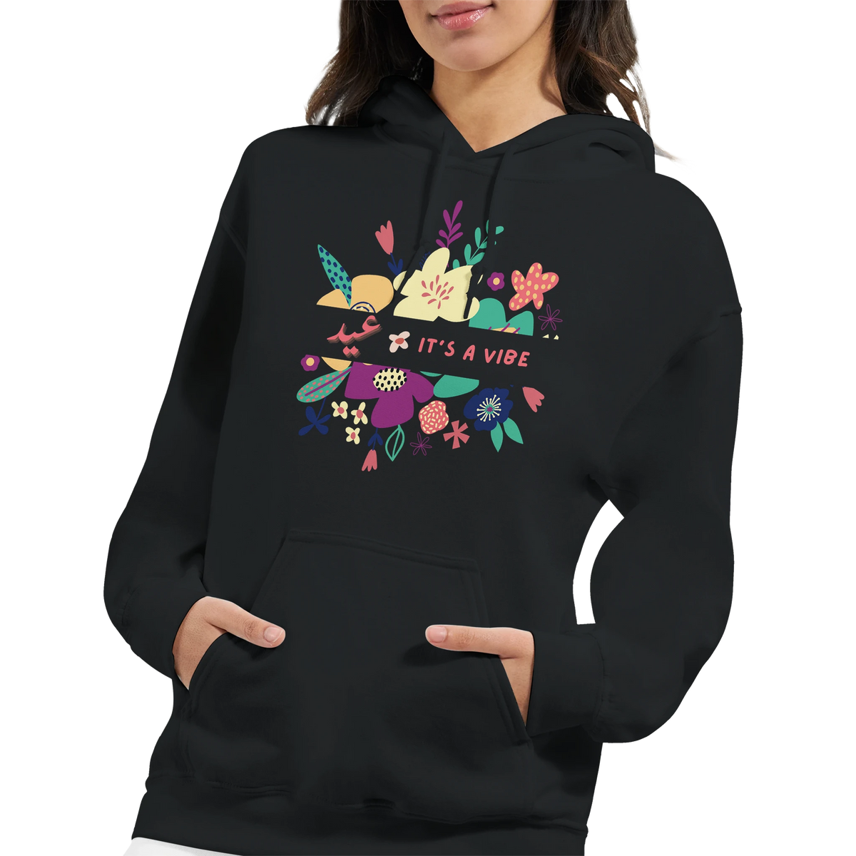 It's a Vibe Floral Arabic Hoodie in Black, Arabic graphic design by Cairo NYC