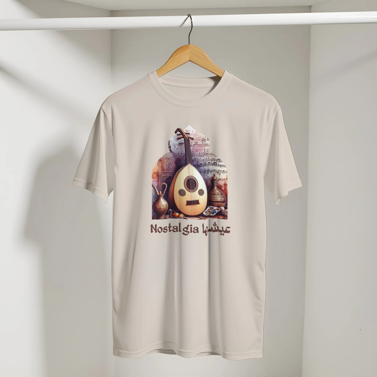 Arabic Oud Nostalgia Retro Tee in Sand, Arabic graphic design by Cairo NYC