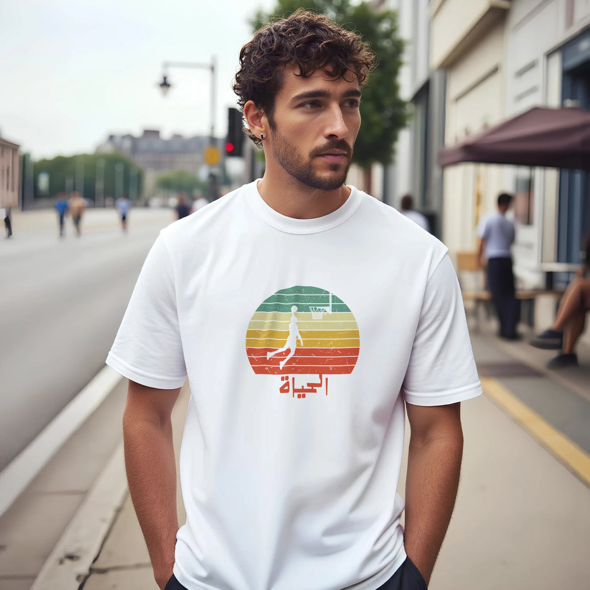 Eshta Retro Sunset Basketball Tee, Arabic graphic design by Cairo NYC (view 18)