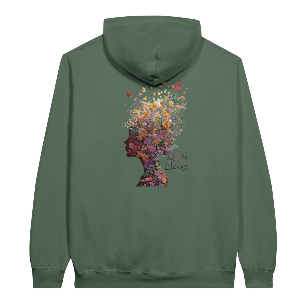 Floral Fantasy Head Profile Hoodie in Military Green, Arabic graphic design by Cairo NYC