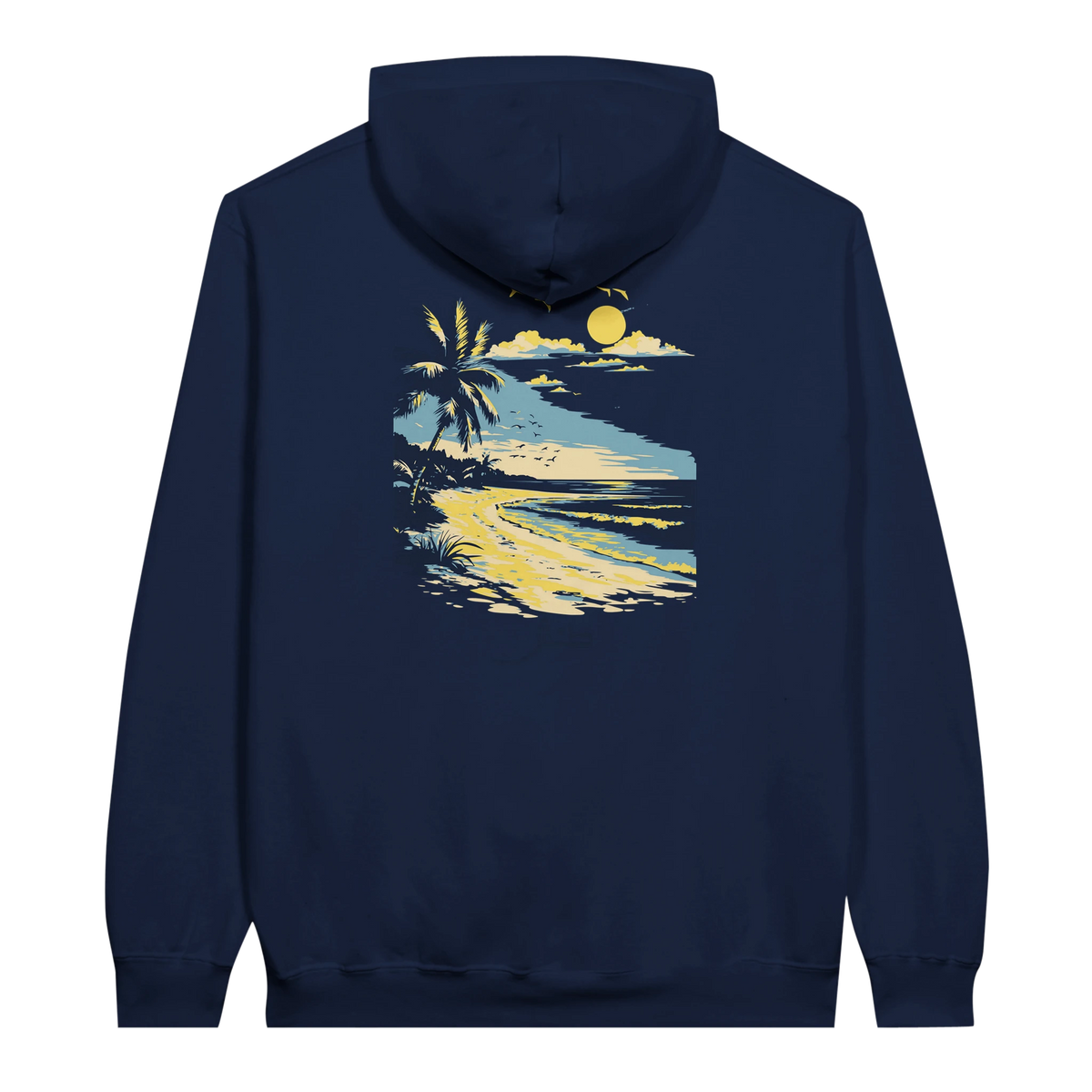 Retro Beach Sunset Hoodie in Navy, Arabic graphic design by Cairo NYC