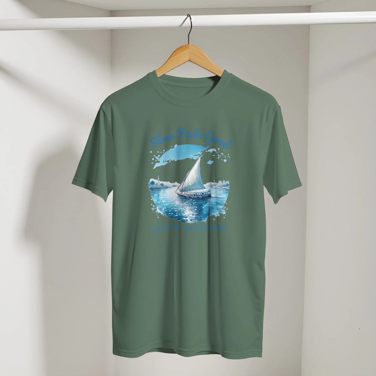 Slow Feels Good Mindfulness Tee in Military Green, Arabic graphic design by Cairo NYC
