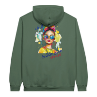 Vibrant 'Chill, No Stress' Pop Art Arabic Hoodie in Military Green, Arabic graphic design by Cairo NYC