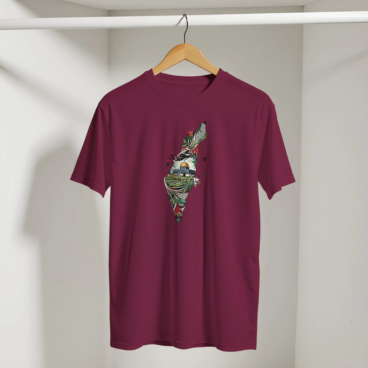 Palestine Dome Olive Branches Keffiyeh Tee in Maroon, Arabic graphic design by Cairo NYC