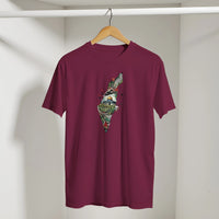 Palestine Dome Olive Branches Keffiyeh Tee in Maroon, Arabic graphic design by Cairo NYC