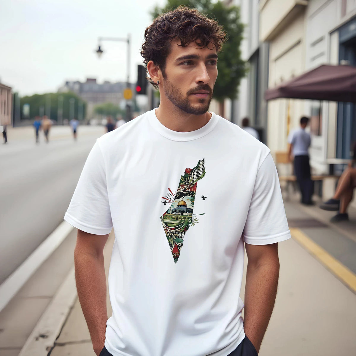 Palestine Dome Olive Branches Keffiyeh Tee, Arabic graphic design by Cairo NYC (view 17)