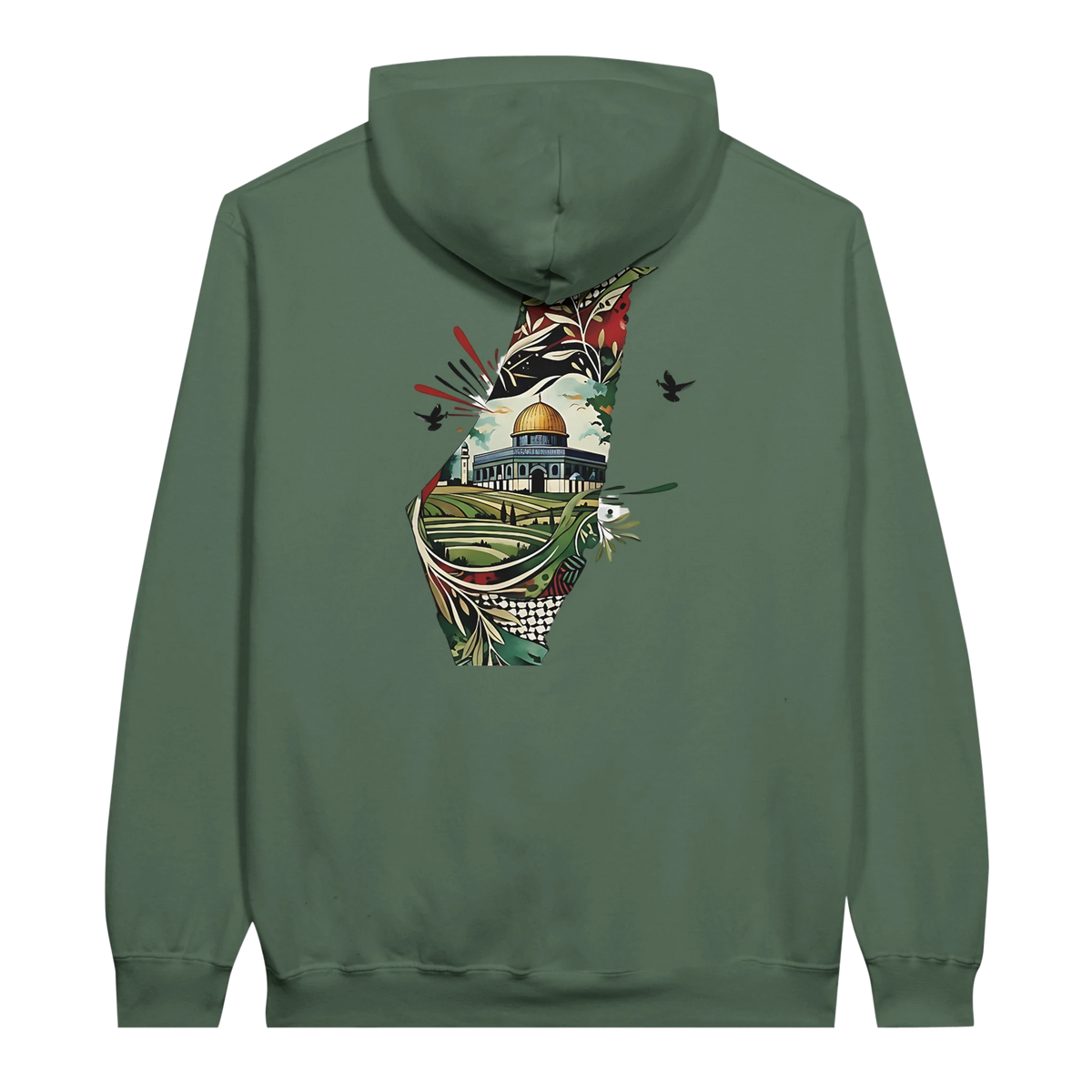 Vibrant Palestine Heritage Hoodie in Military Green, Arabic graphic design by Cairo NYC