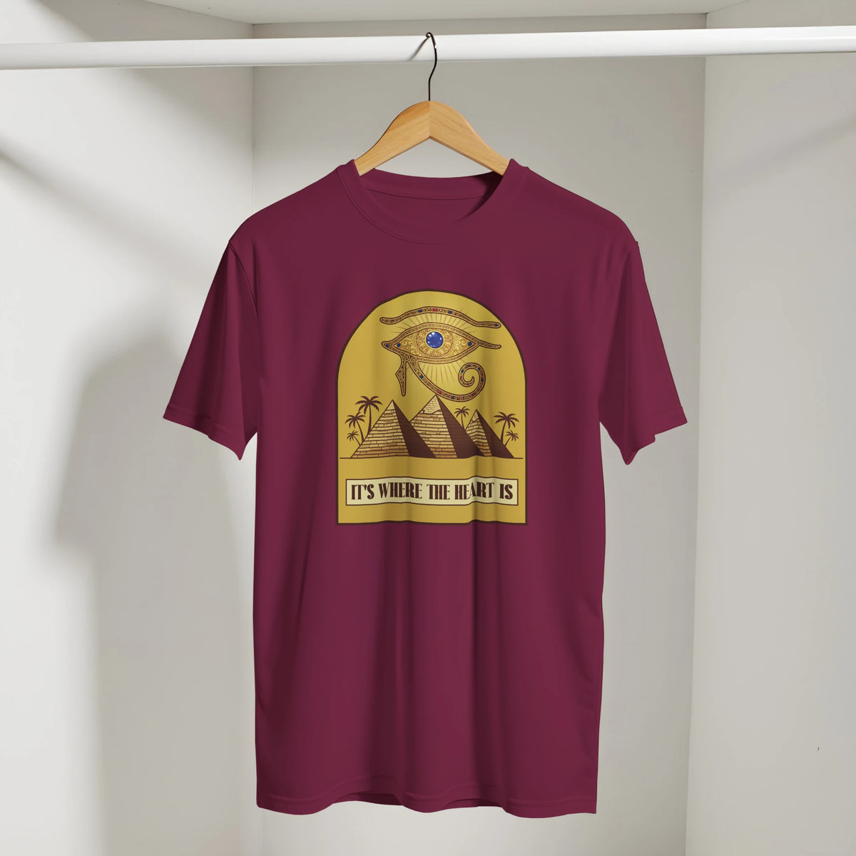 Eye of Horus Egypt Pyramids Sunset Arabic Tee in Maroon, Arabic graphic design by Cairo NYC
