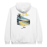 Retro Beach Sunset Hoodie in White, Arabic graphic design by Cairo NYC