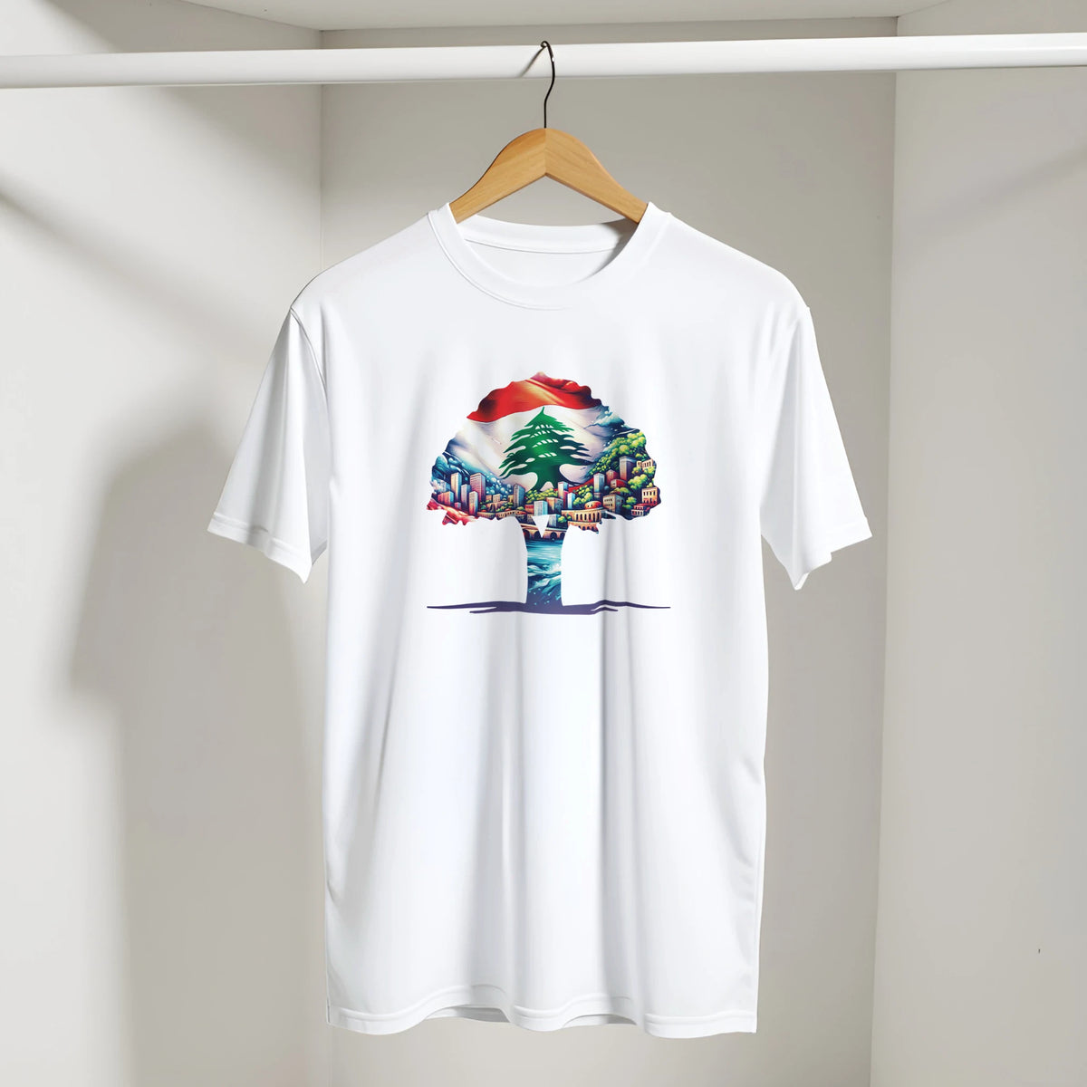 Lebanese Cedar Cityscape Tee in White, Arabic graphic design by Cairo NYC