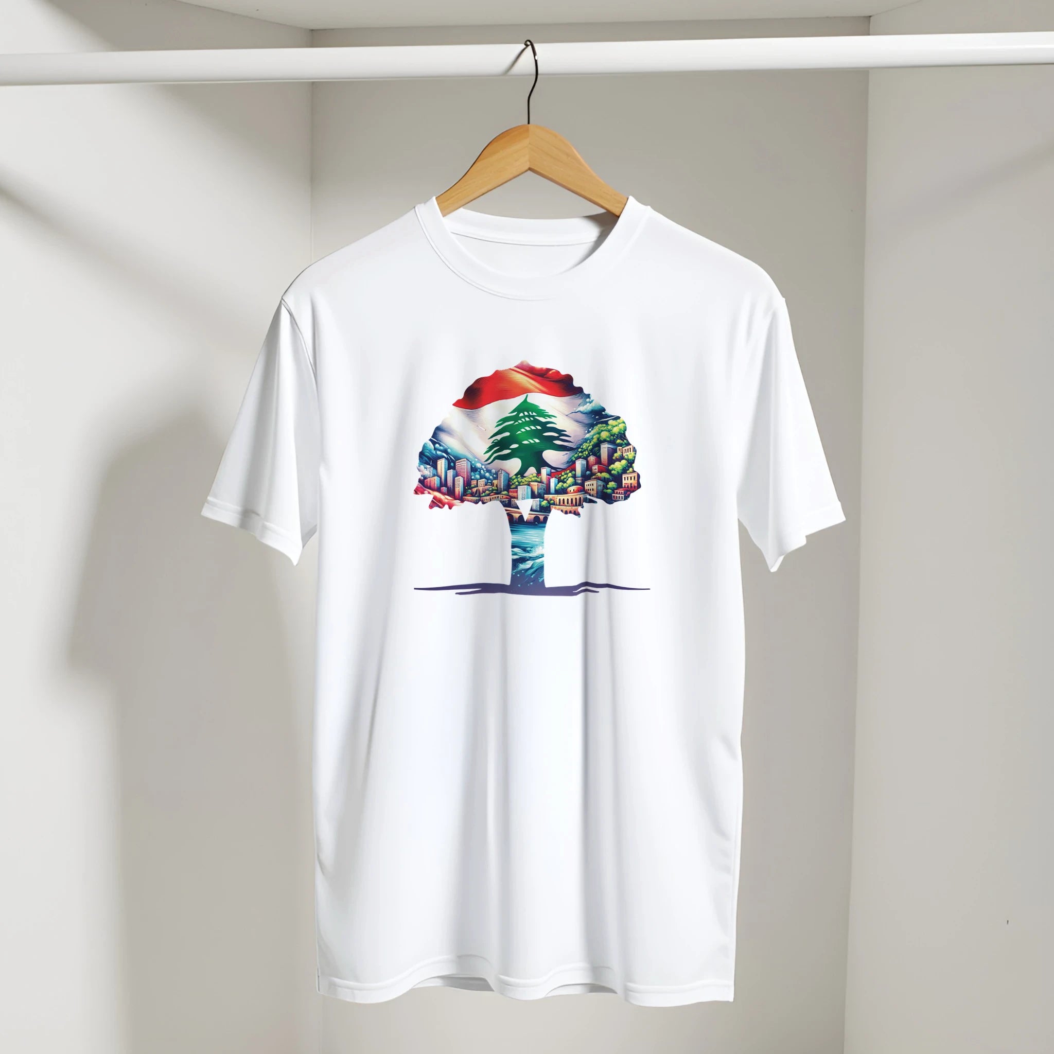 Lebanese Cedar Cityscape Tee in White, Arabic graphic design by Cairo NYC