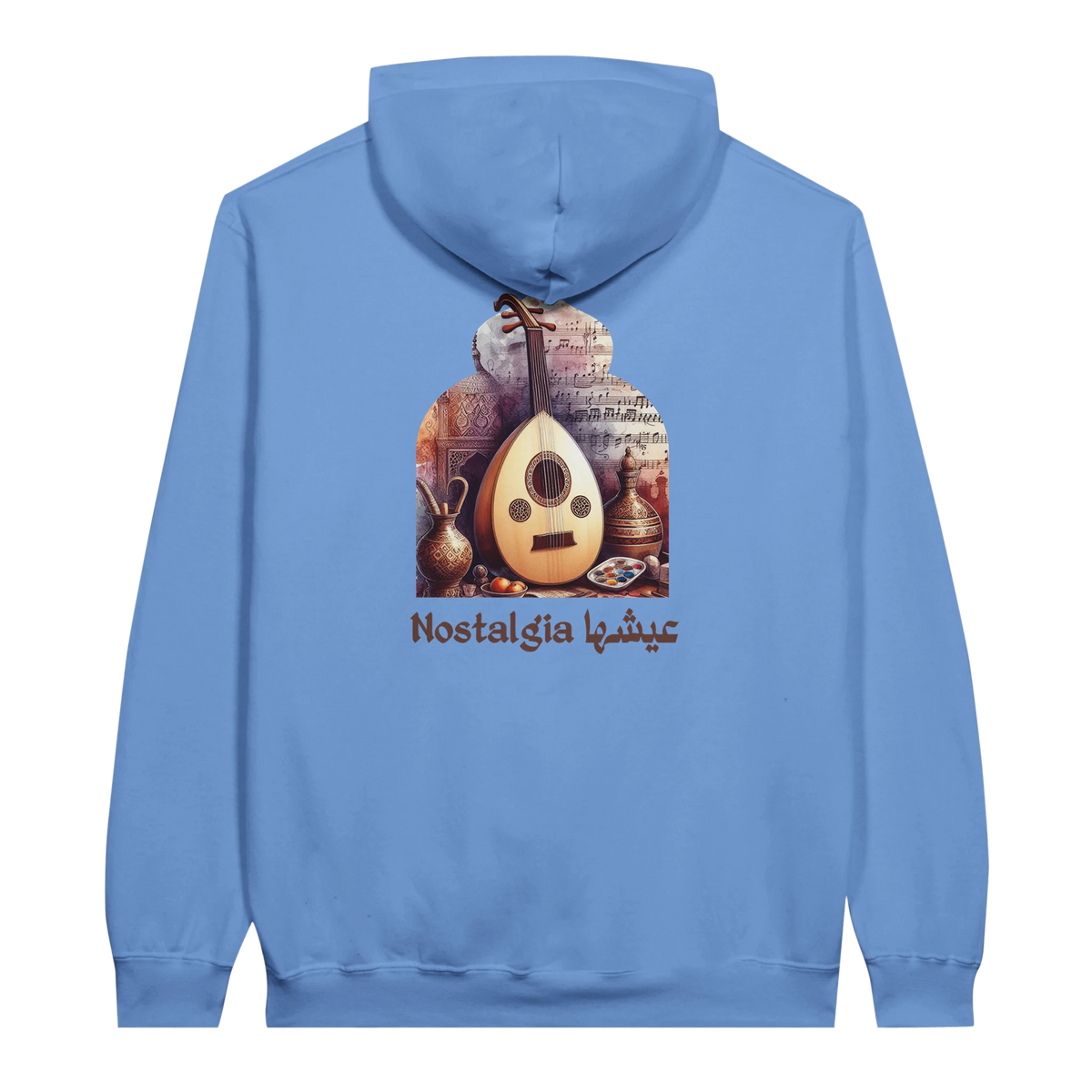 Nostalgic Oud Serenade Hoodie in Carolina Blue, Arabic graphic design by Cairo NYC
