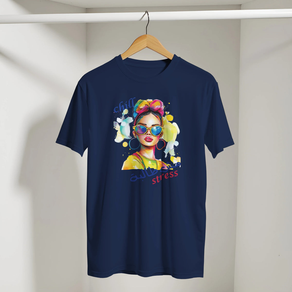 Chill Vibes Pop Art Arabic Tee in Navy, Arabic graphic design by Cairo NYC