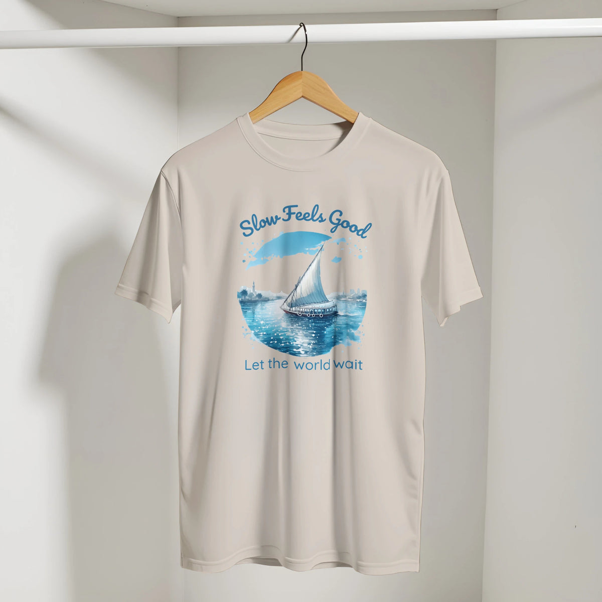 Slow Feels Good Mindfulness Tee in Sand, Arabic graphic design by Cairo NYC