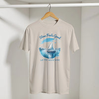 Slow Feels Good Mindfulness Tee in Sand, Arabic graphic design by Cairo NYC