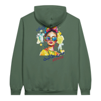 Vibrant 'Chill, No Stress' Pop Art Arabic Hoodie in Military Green, Arabic graphic design by Cairo NYC