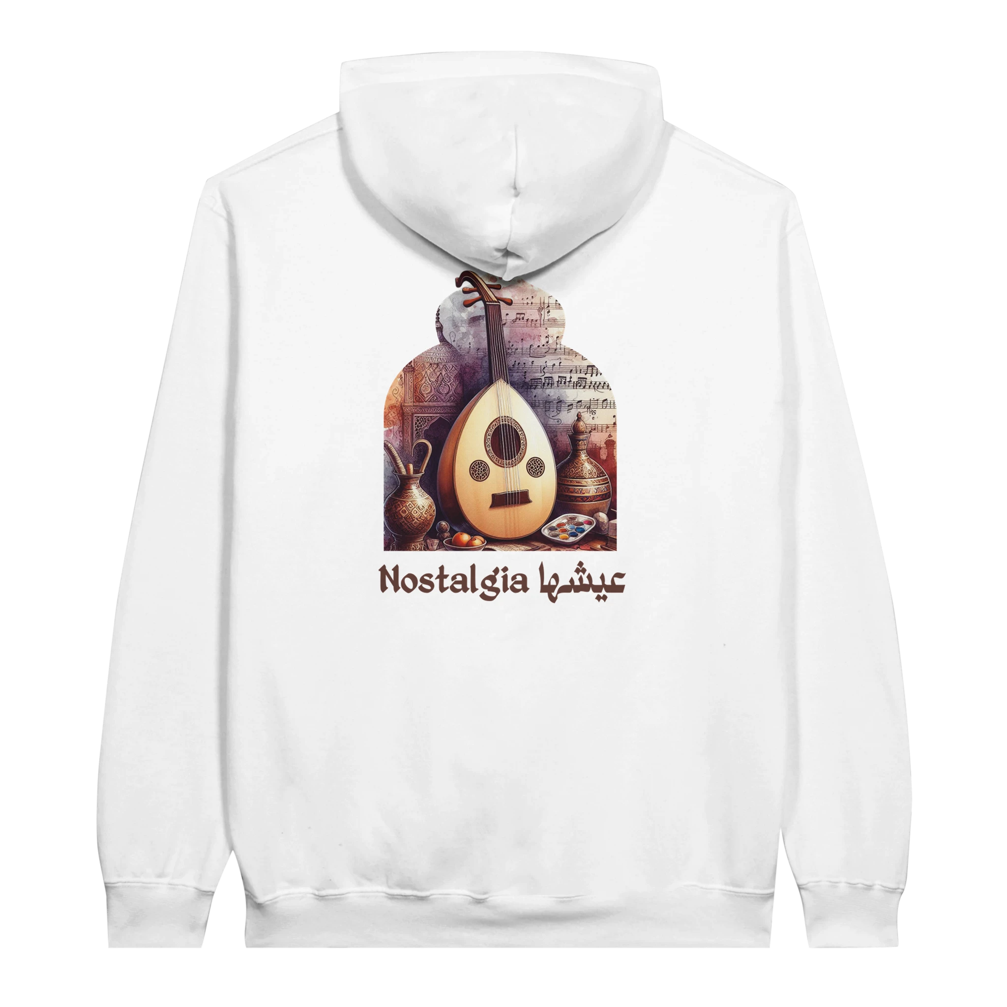 Nostalgic Oud Serenade Hoodie in White, Arabic graphic design by Cairo NYC