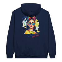 Vibrant 'Chill, No Stress' Pop Art Arabic Hoodie in Navy, Arabic graphic design by Cairo NYC