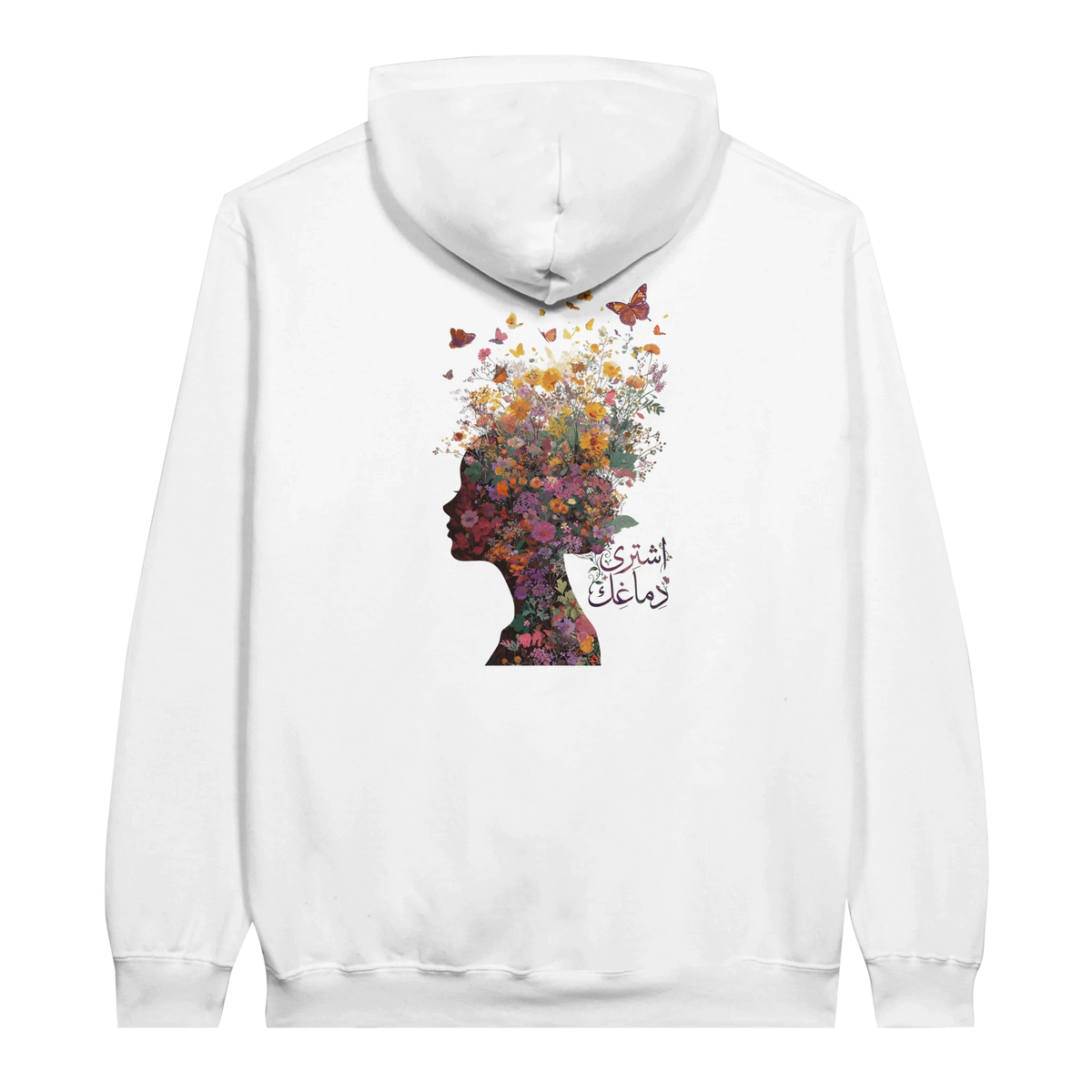 Floral Fantasy Head Profile Hoodie in White, Arabic graphic design by Cairo NYC