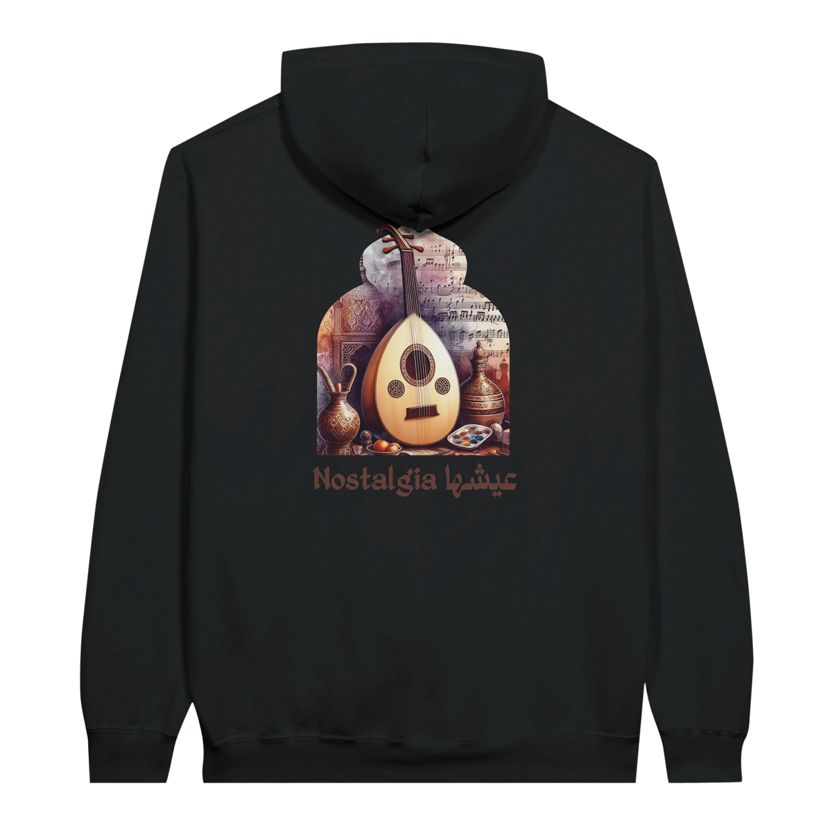Nostalgic Oud Serenade Hoodie in Black, Arabic graphic design by Cairo NYC
