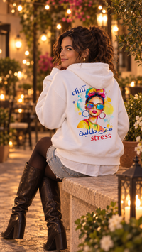 White Chill مش طالبة stress Arabic hoodie styled with a denim mini skirt, black tights and knee-high boots