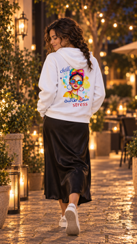 White Chill مش طالبة stress Arabic hoodie styled with a black satin midi skirt and white sneakers