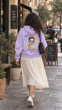 Lavender Chill مش طالبة stress Arabic hoodie styled with a cream pleated midi skirt, white sneakers and a black chain bag