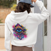 Back view of a white hoodie with a colorful khamsa evil eye protection design, styled with a denim cap