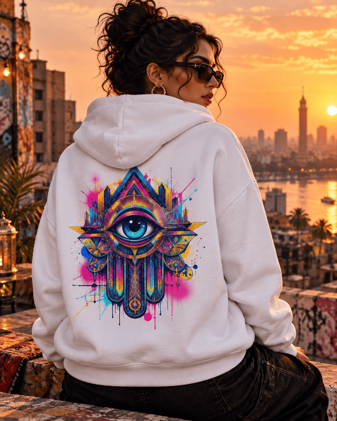 Woman wearing the Modern Khamsa evil eye hoodie in White on a Cairo rooftop at sunset, by Cairo NYC