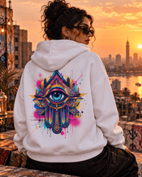 Woman wearing the Modern Khamsa evil eye hoodie in White on a Cairo rooftop at sunset, by Cairo NYC