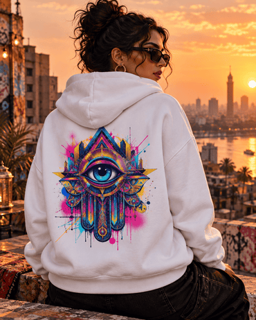 Woman wearing the Modern Khamsa evil eye hoodie in White on a Cairo rooftop at sunset, by Cairo NYC