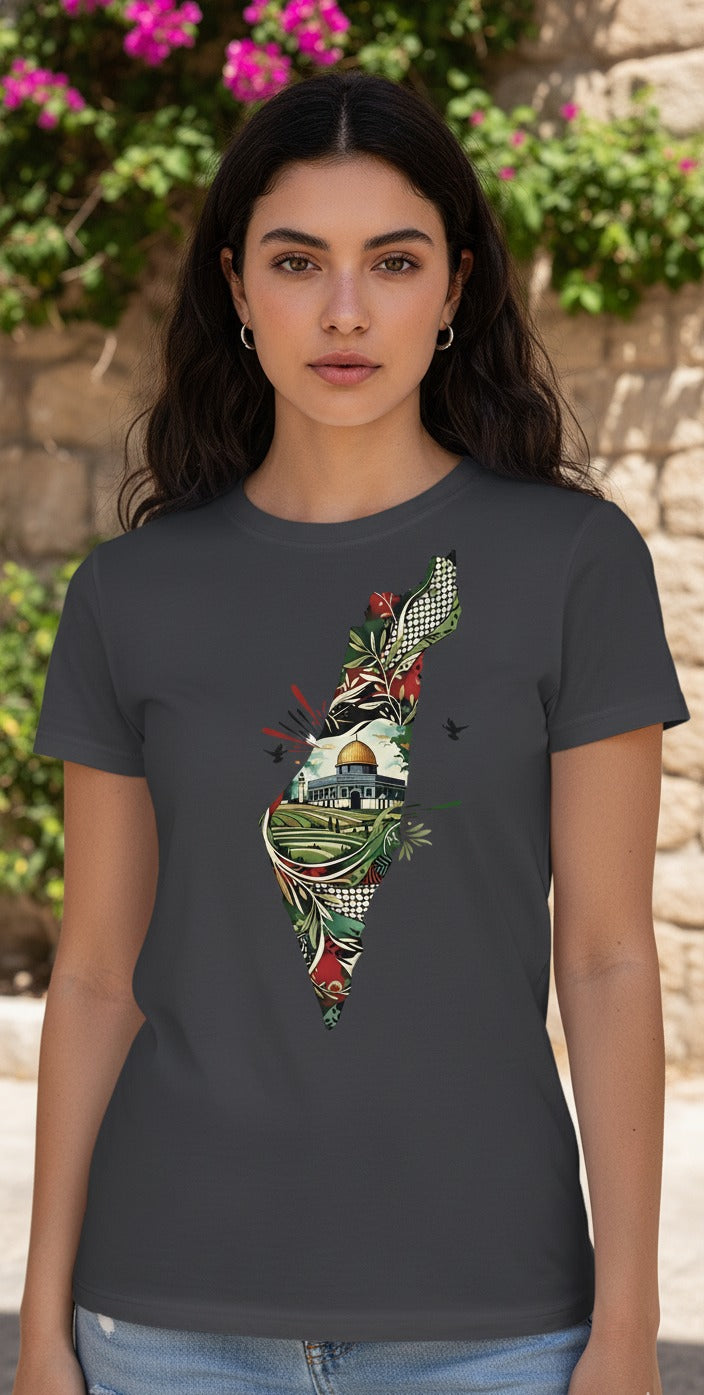 Woman in a charcoal Palestine map tee with Dome of the Rock, olive branches and keffiyeh pattern