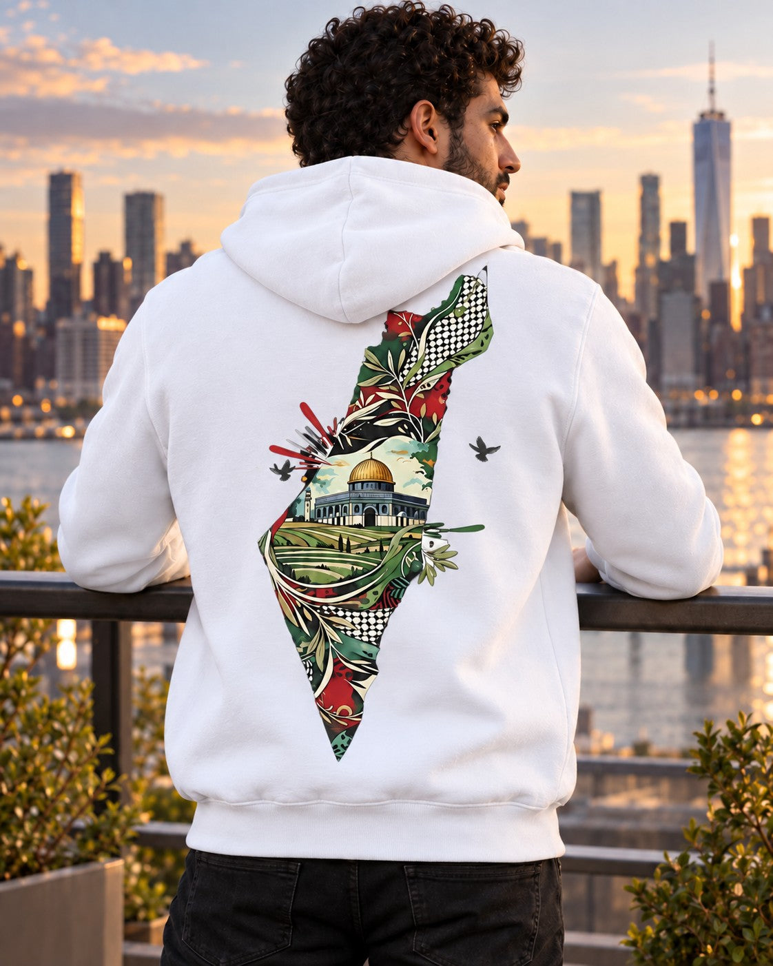 Back of a white Palestine heritage hoodie with Dome of the Rock and keffiyeh map design, NYC skyline at sunset